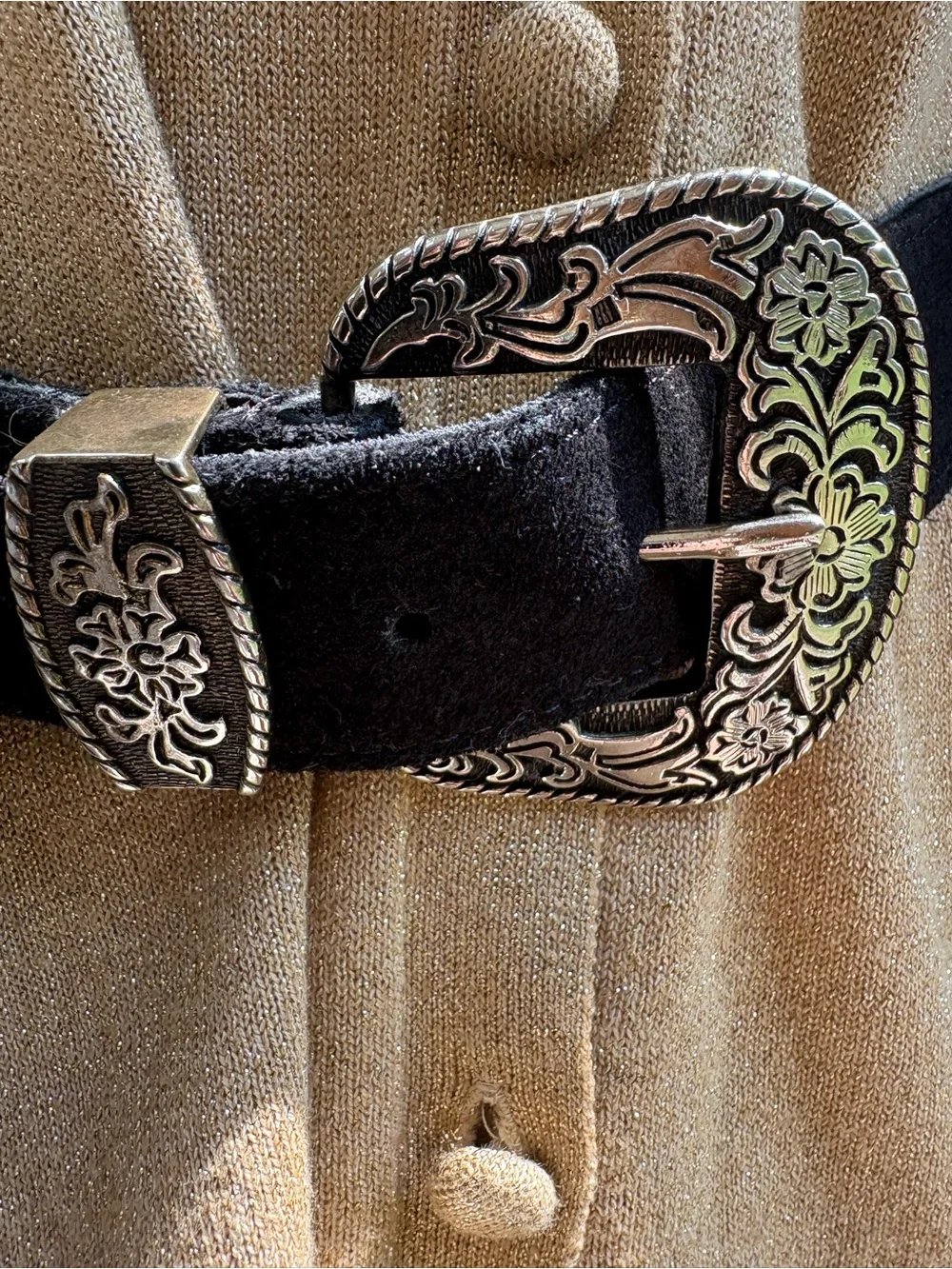 Massive Free People Black Suede Western Floral Buckle Belt Size M